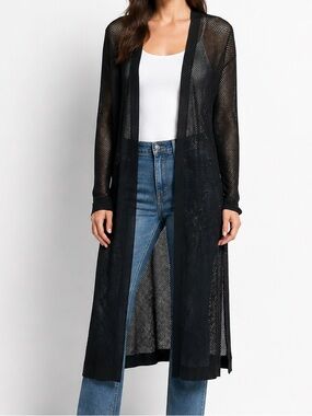Christopher Fischer Black Open Knit Cotton Maxi Duster Cardigan Womens S